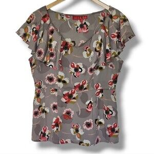 Elle Blouse Womens Size 10 Taupe Floral Print Ruffle V-Neck Cap Sleeve Side Zip